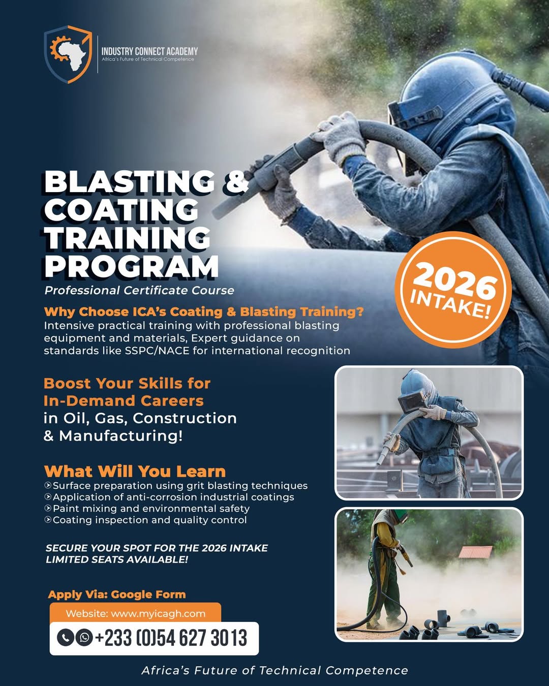 Join ICA’s practical Blasting & Coating Training Program and get ready for the 2026 intake.